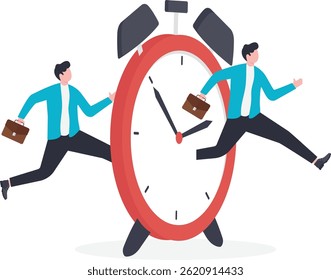 Time management or time travel to the future, time flied fast to work deadline, productivity or efficiency, effort or work schedule, evolution concept, businessman jump into clock to the future.


