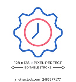 Time management two color line icon. Clock and gear. Flexible hours. Clock inside gear. Planning tasks bicolor outline symbol. Duotone linear pictogram. Isolated illustration. Editable stroke