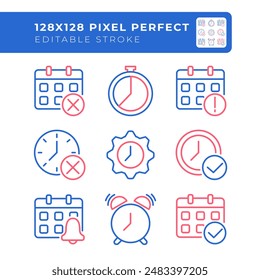 Gestión del tiempo dos iconos de línea de color establecidos. Iconos de calendario y reloj. Planificación de eventos. Programación de proyectos bicolor contorno iconset aislado. Pictogramas duotónicos delgados lineales. Trazo editable