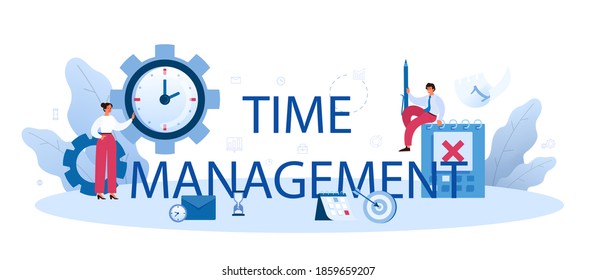 Time management typographic header. Business people work time or project planning. Idea of schedule and organization. Productive day and work optimization. Isolated flat vector illustration