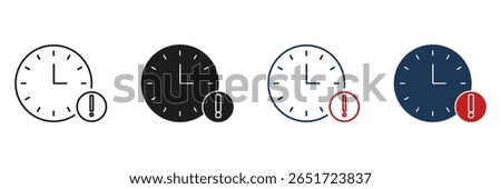 Time Management, Urgency, And Deadline Alert Symbol Collection. Clock With Exclamation Mark Line And Solid Icon Set. Reminder And Notification Concept. Isolated Vector Illustration.