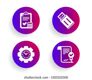 Time management, Usb flash and Accounting checklist icons simple set. Halftone dots button. Approved agreement sign. Settings, Memory stick, Calculator. Verified document. Business set. Vector