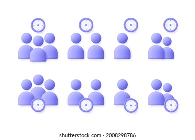 Time Management user, business people icon set. Appointment, organization, community, watch, limited, date, invitation, group of people, assignment concept. 3d vector illustration.
