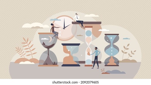 Time management with various tasks deadline pressure tiny person concept. Precise and effective work organization with schedule and process control vector illustration. Clock as productivity symbol.