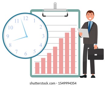 Time management vector, businessman with documents and charts on clipboard. Clock deadline, organization of tasks. Assignment for male character flat style