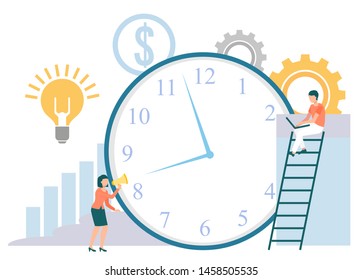 Time management vector, clock and workers working on projects. Man on ladder, woman pushing device, lightbulb idea and dollar currency sign. Cogwheel chart. Flat cartoon