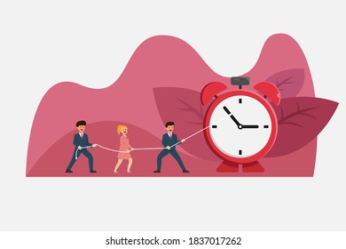 Time management vector concept: Business team controlling alarm clock to make the time more efficient