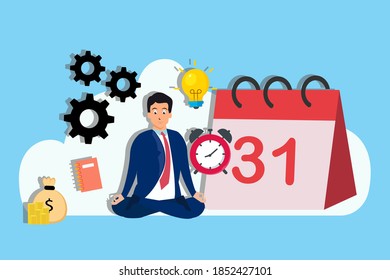 Time Management vector concept: Businessman doing meditation with alarm clock and calendar background