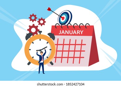 Time Management vector concept: Businessman controlling alarm clock to manage time with calendar background