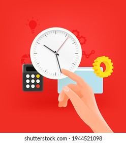 Time management vector concept. Modern laptop with clock and hand of a man