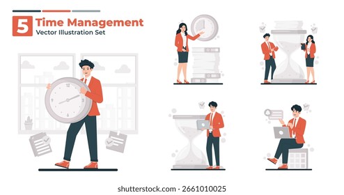 Time Management Vetor Flat Concept Illustration Set for Efficient Productivity (Conjunto de ilustrações de conceito plano de gerenciamento de tempo para produtividade eficiente), Task Organization (Organização de tarefas) e Time Otimization in Business and Work Environments (Otimização de tempo em ambientes de negócios e de trabalho)