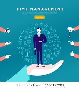 Time management. Vector flat minimalistic concept with businessman stand, isolated planning organizing icons & human hands. Line art. Business illustration. Web banner, consulting, coaching projects.