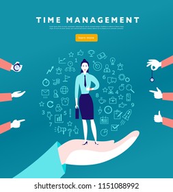Time management. Vector flat minimalistic concept with businesslady stand, isolated planning organizing icons & human hands. Line art. Business illustration. Web banner, consulting, coaching projects.