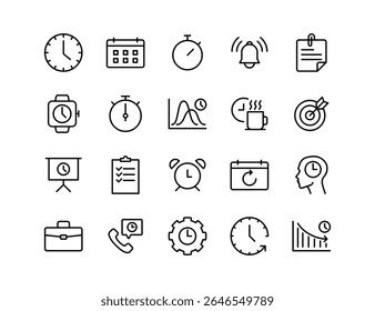 Time Management Vector Icon Set | Adjustable Line Weight | Clock, calendar, stopwatch, alarm, schedule, productivity, planning, efficiency, reminder, deadline, checklist, organization, business icons
