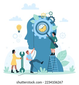 Time management vector illustration. Cartoon tiny people hold rope to push gear machine with clock inside abstract human head, managers study process with magnifying glass and organize office work