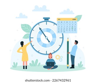 Time management vector illustration. Cartoon tiny people control progress of work with timer, pencil and schedule calendar with deadline date, organize business tasks with planner and stopwatch