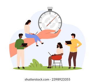 Time management vector illustration. Cartoon human hand holding stopwatch with arrow among working tiny people with laptop and tablet, business timing, self organization and day planning of employees