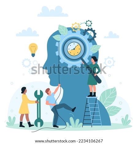 Time management vector illustration. Cartoon tiny people hold rope to push gear machine with clock inside abstract human head, managers study process with magnifying glass and organize office work