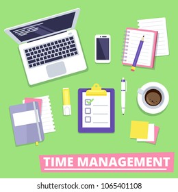 Time Management vector illustration. Clipboard with to-do list template, laptop, notebooks, pen, glasses, coffee, phone. Business concept in flat style.