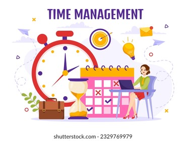 Time Management Vector Illustration with Clock Controls and Tasks Planning Training Activities Schedule in Flat Cartoon Hand Drawn Templates