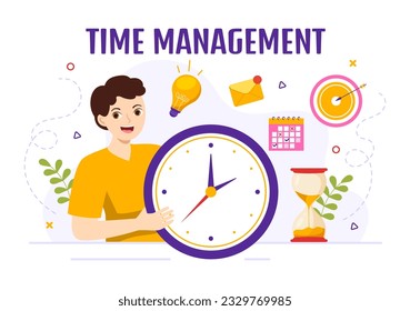 Time Management Vector Illustration with Clock Controls and Tasks Planning Training Activities Schedule in Flat Cartoon Hand Drawn Templates