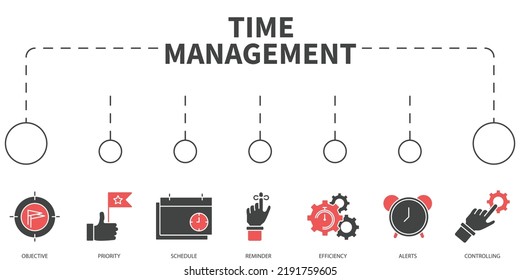 concepto de Ilustración vectorial de administración de tiempo. Cartel con iconos y palabras clave . símbolo de administración de tiempo elementos vectoriales para web infográfica