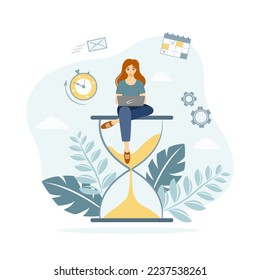 Time management vector illustration. The girl sitting on the hourglass controls the time of work and tasks. The concept of time management, multitasking, successful organization of tasks and meetings.