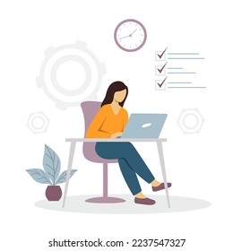 Time management vector illustration. The girl at the table works on a laptop, controls the time of work and tasks. The concept of time management, multitasking, successful organization of tasks, etc.