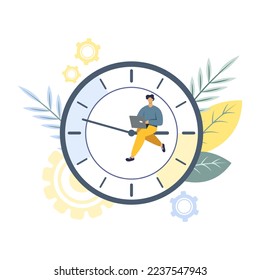 Time management vector illustration. The guy on the clock with a laptop, controls the time of work and tasks. The concept of time management, multitasking, successful organization of tasks, etc.