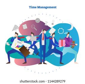 Time management vector illustration. Man try to be in time everywhere. Sleep, meeting, business, work or eating. Symbol of busy, stressful life and organization skill. Calculator, bulb and gear icons.