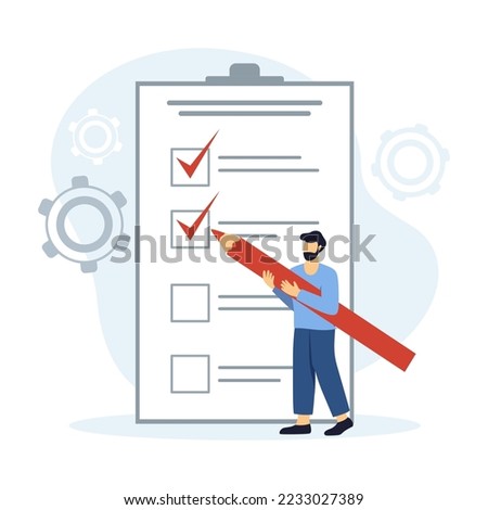Time management vector illustration. Man with a pencil near the list of tasks. The concept of time management, successful organization of tasks, self-organization, successful management.