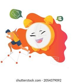 Time management vector illustration with a running man and an alarm clock. Time management icon.