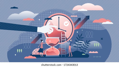 Time management vector illustration. Use day efficient tiny persons concept. Clock and watch as productivity symbol for business meetings, agenda, schedule and work planning. Modern company strategy.