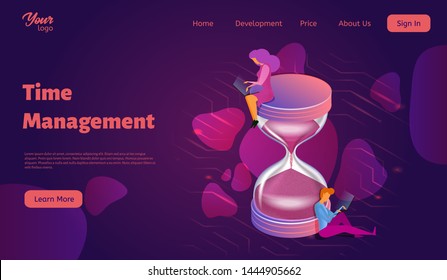 Time management vector isometric illustration. Man and woman work with laptops. Sitting near to the large sand clock. Template for website. Concept of landing web page.