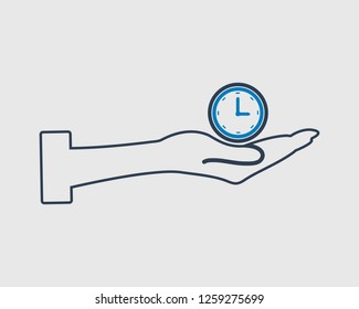 Time Management Vector line Icon. Clock symbol on hand sign.