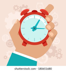 Time management. Vector modern illustration in flat style with male hand holding stopwatch