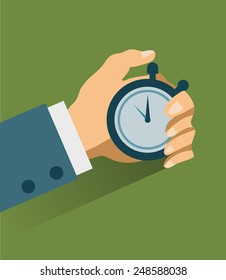 Time management. Vector modern illustration in flat style with male hand holding stopwatch