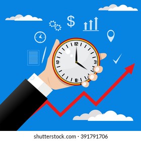Time management. Vector modern illustration in flat style with male hand holding clock.