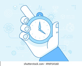 Time management - vector modern illustration in flat linear style with male hand holding stopwatch