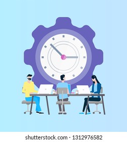 Time management vector, online support workers in headphones at laptop. Clock and men and woman in headphone with computers on desktop, fast efficiency