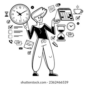 Ilustración del esquema del vector de gestión del tiempo, fecha límite de planificación de los trabajadores y prioridades de las tareas, agenda de productividad del negocio, hora cero.