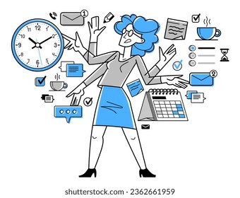 Time management vector outline illustration, worker planning deadline and prioritize tasks, business productiveness agenda, zero hour.