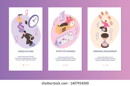 Time Management Vertical Banners Set Of  Stress Factors Effective Planning Personal Development Isolated Compositions Isometric Vector Illustration