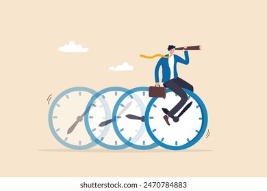 Time management, vision or effort to manage project and foresee problem or opportunity, work deadline or timer countdown, progress or development concept, businessman riding time passing clock.