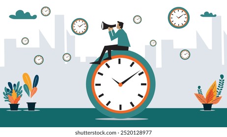 Time management, vision or effort to manage project and foresee problem or opportunity, work deadline or timer countdown, progress or development concept, businessman riding time passing clock.