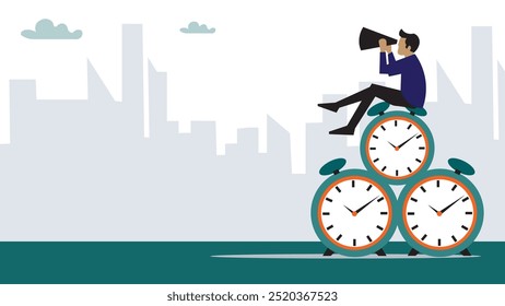 Gestión del tiempo, visión o esfuerzo para administrar el proyecto y prever el problema u oportunidad, fecha límite de trabajo o cuenta regresiva del temporizador, progreso o concepto de desarrollo, tiempo de conducción del empresario que pasa el reloj. 