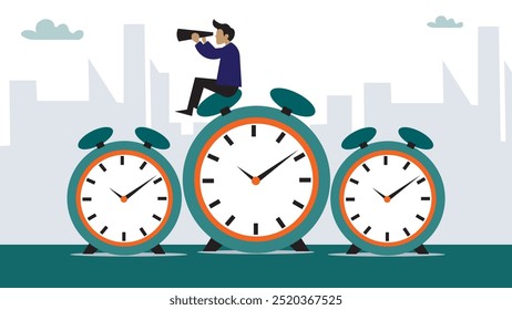 Gerenciamento de tempo, visão ou esforço para gerenciar o projeto e prever problema ou oportunidade, prazo de trabalho ou contagem regressiva do temporizador, progresso ou conceito de desenvolvimento, tempo de equitação do homem de negócios passando relógio. 