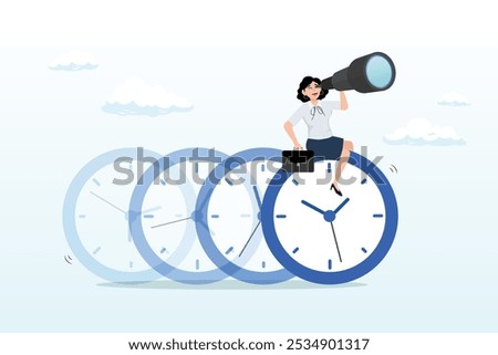 Time management, vision or effort to manage project and foresee problem or opportunity, work deadline or timer countdown, progress or development concept, businesswoman riding time passing clock