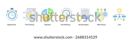 Time Management web banner icon vector illustration featuring Elapsed Time, Time Tracking, Indicators, Time Efficiency, Job Description, Work Process, and Uml.