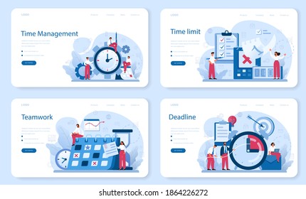Time management web banner or landing page set. Business people work time or project planning. Idea of schedule and organization. Productive day and work optimization. Isolated vector illustration